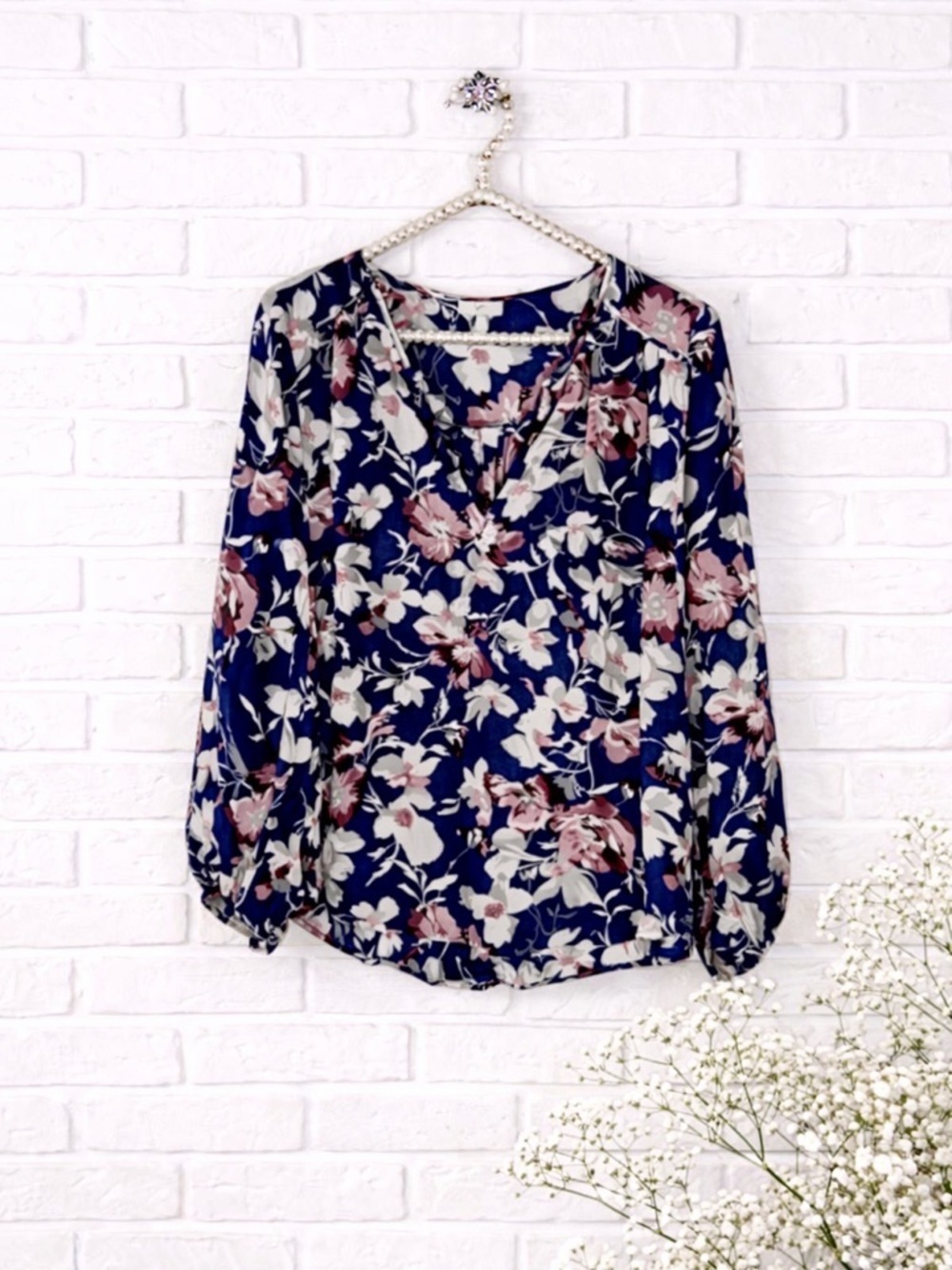 Joie Silk Odelette Blue Floral Print V Neck Blouse Size S